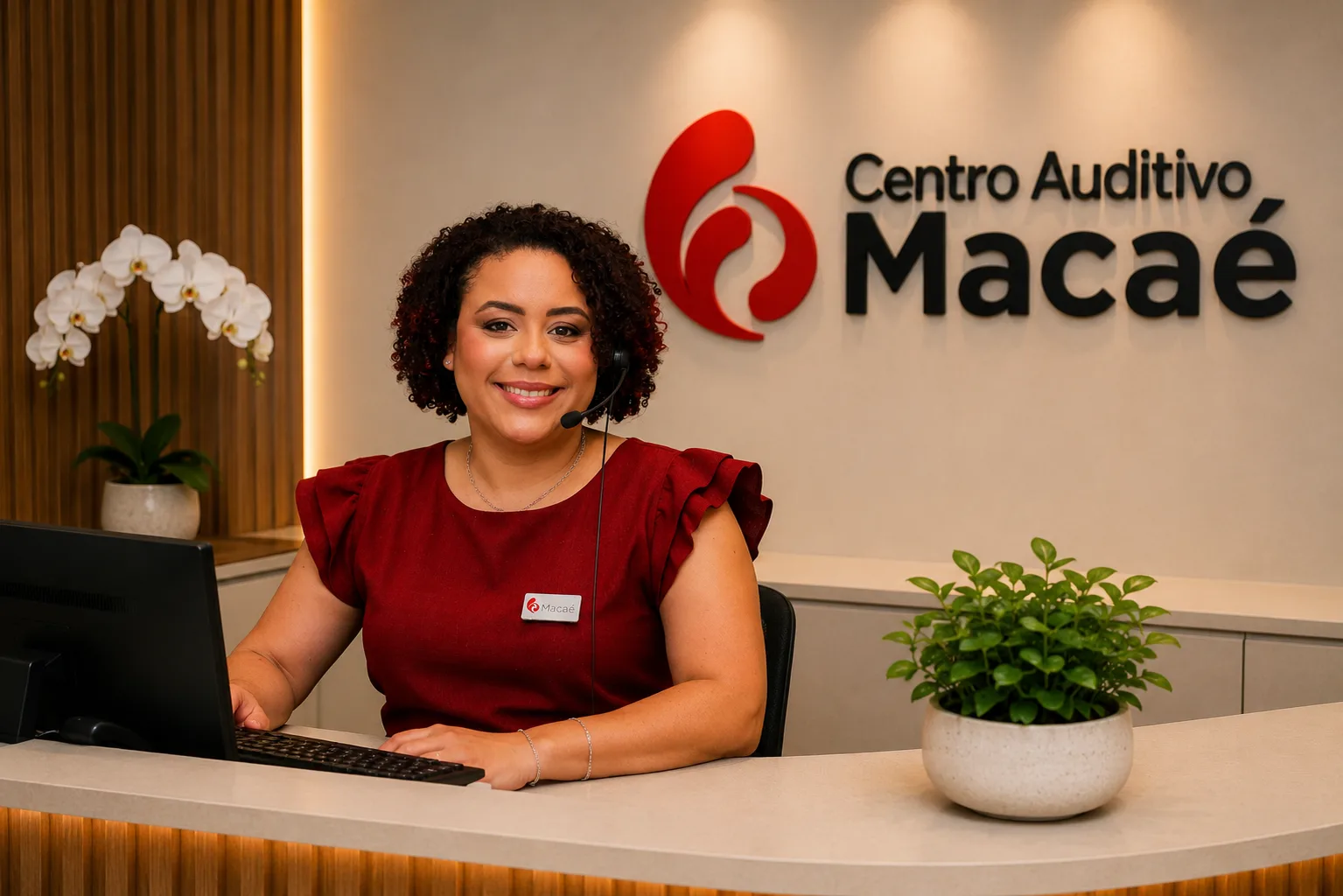 Atendente do Centro Auditivo Maca&eacute; na recep&ccedil;&atilde;o da cl&iacute;nica