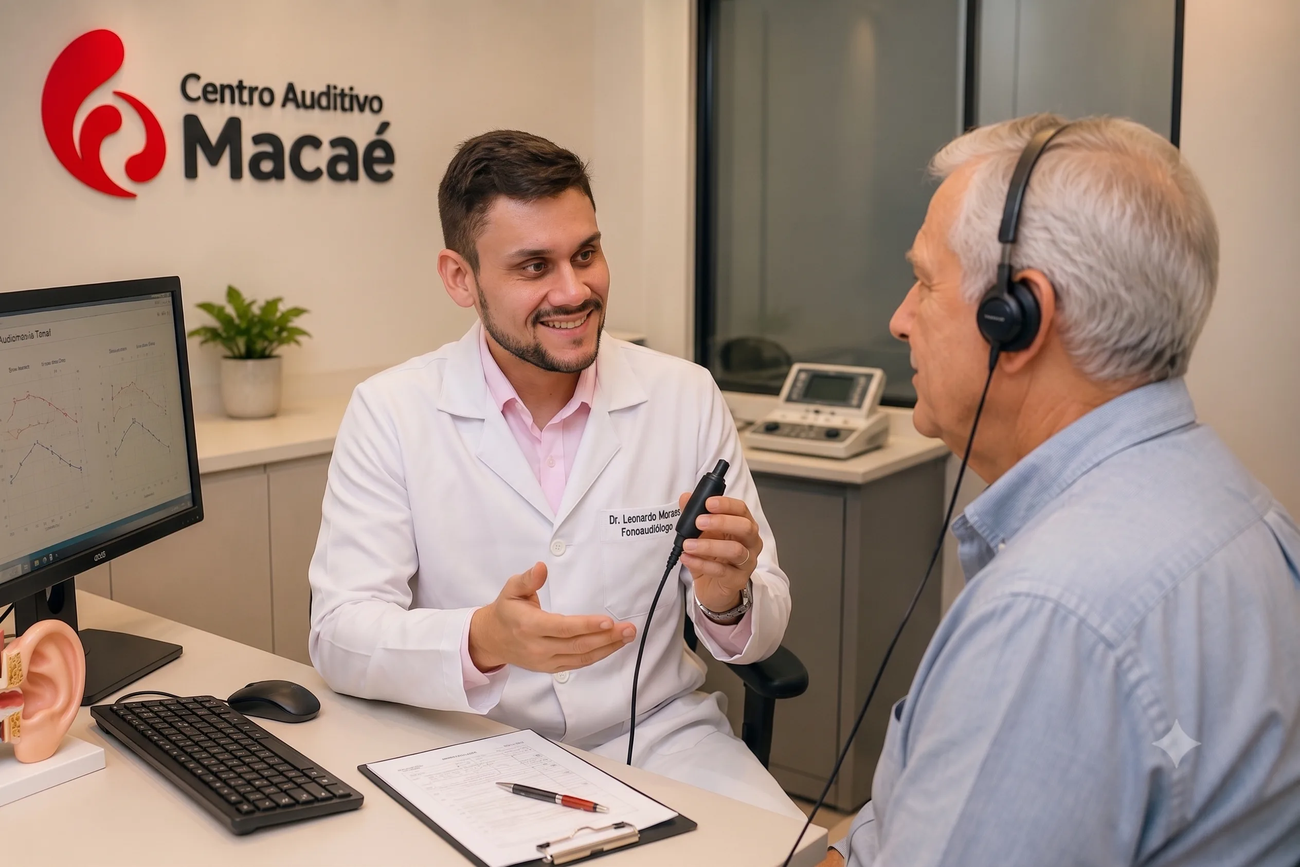 Fonoaudi&oacute;loga realizando avalia&ccedil;&atilde;o auditiva em paciente idoso