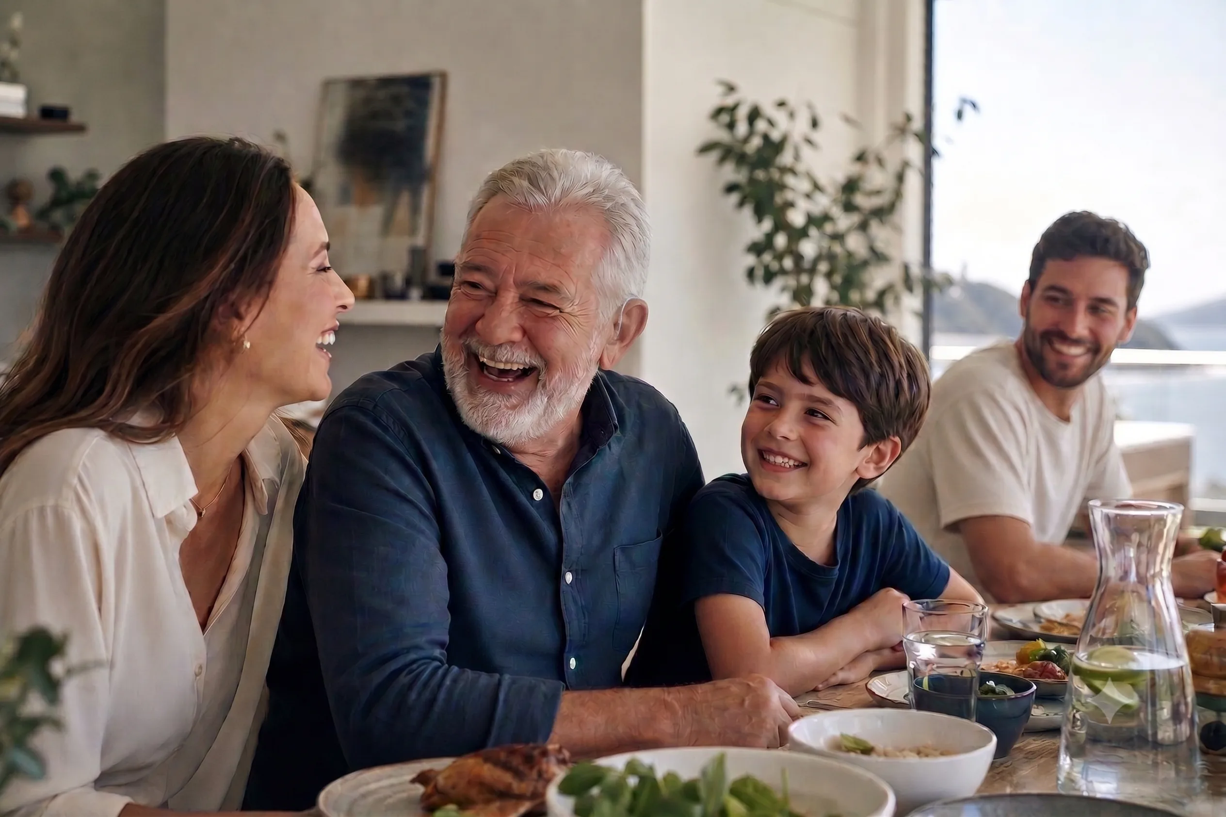 Fam&iacute;lia reunida sorrindo enquanto conversa com um idoso usando aparelho auditivo