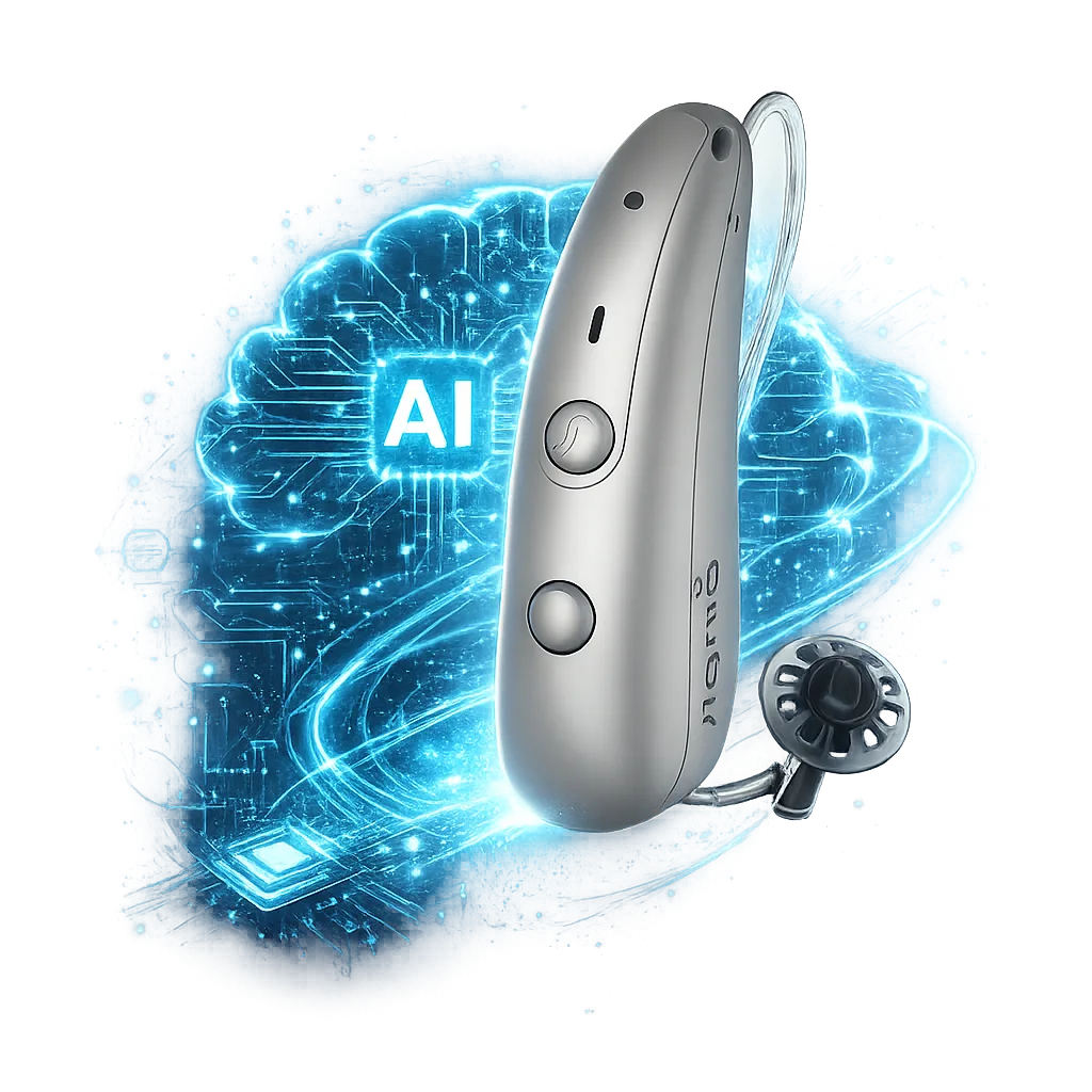 Especialista e aparelhos auditivos Signia representando tecnologia de inteligência artificial
